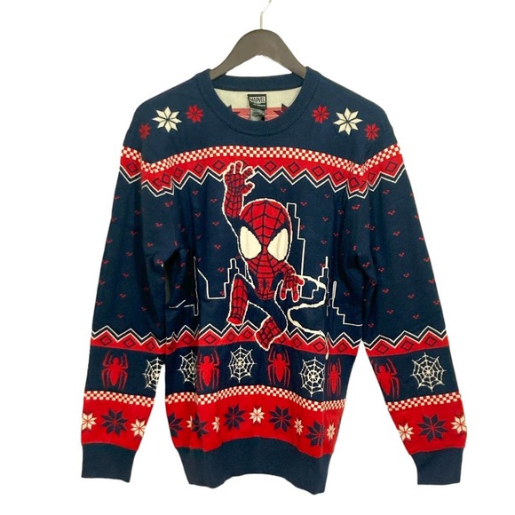 Marvel x Our Universe Spiderman Chibi Holiday Sweater Blue / Red Mens